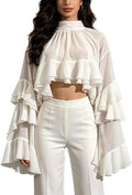 Women's White Sheer Chiffon Crop Top High Neck Layered Ruffle Flare Sleeve Blouse Elegant Casual Party Tops