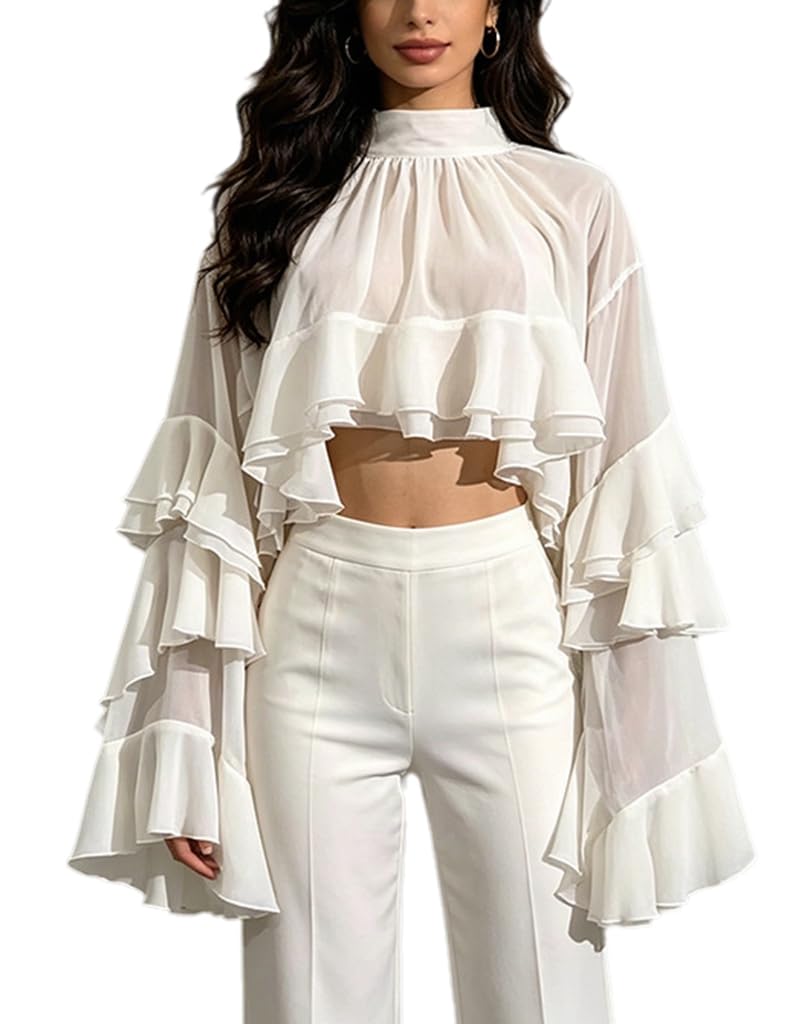 Women's White Sheer Chiffon Crop Top High Neck Layered Ruffle Flare Sleeve Blouse Elegant Casual Party Tops