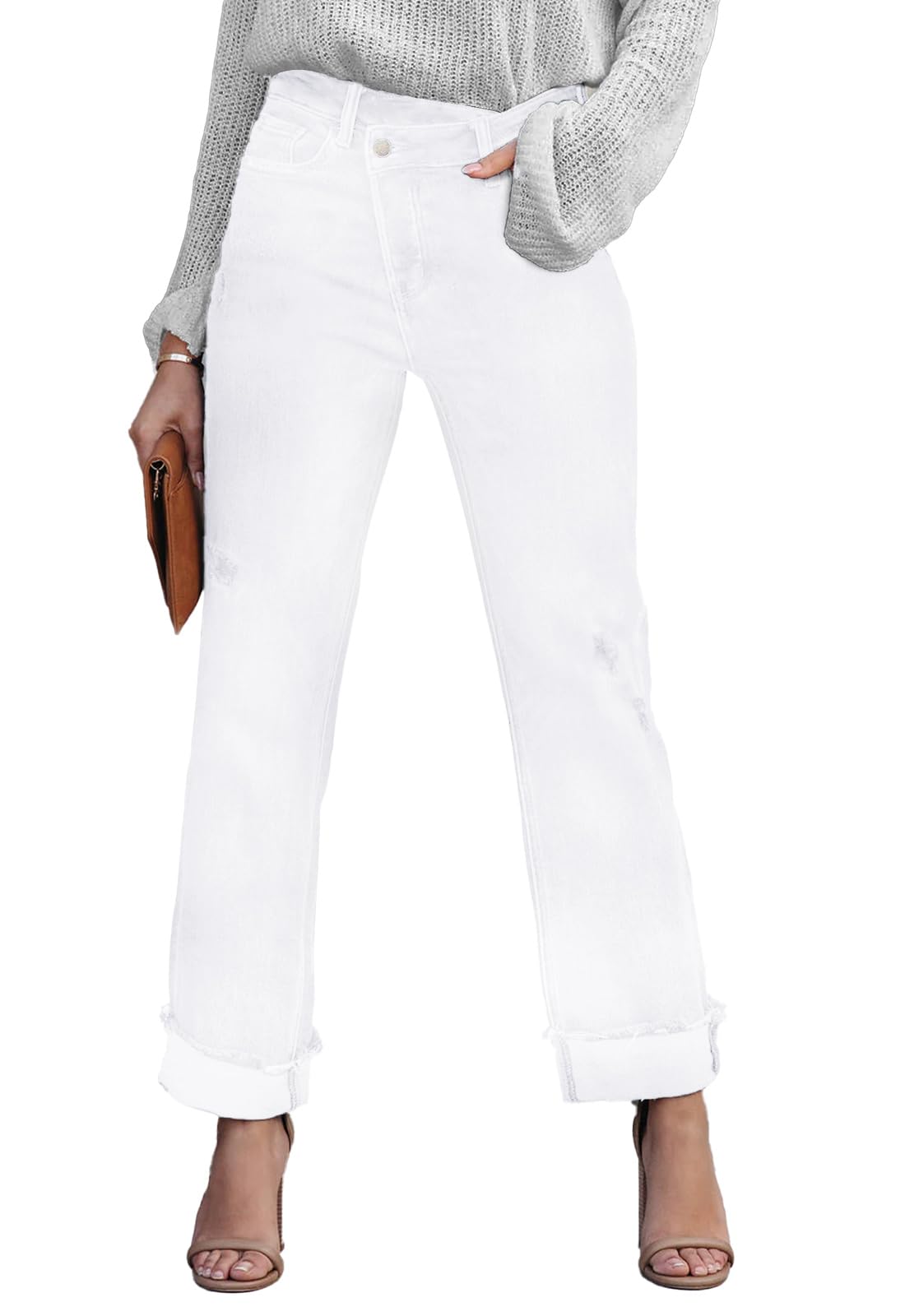 Metietila Jeans for Women Trendy High Waisted Corssover Boyfriend Jeans Distressed Stretchy Denim Pants