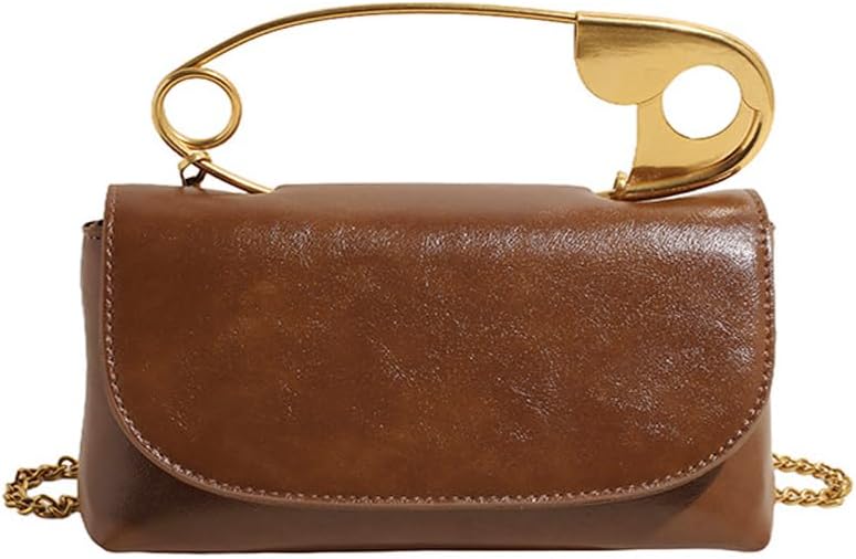 Women's Unique Safety Pin Crossbody Purse | Leather Clutch Bag Gold Handles Chain novelty clutch