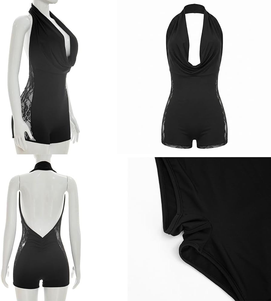 Women Mesh Halter Neck Bodysuit Romper Deep V Backless Lace Side Short Jumpsuit Sexy Outfits For Night Party
