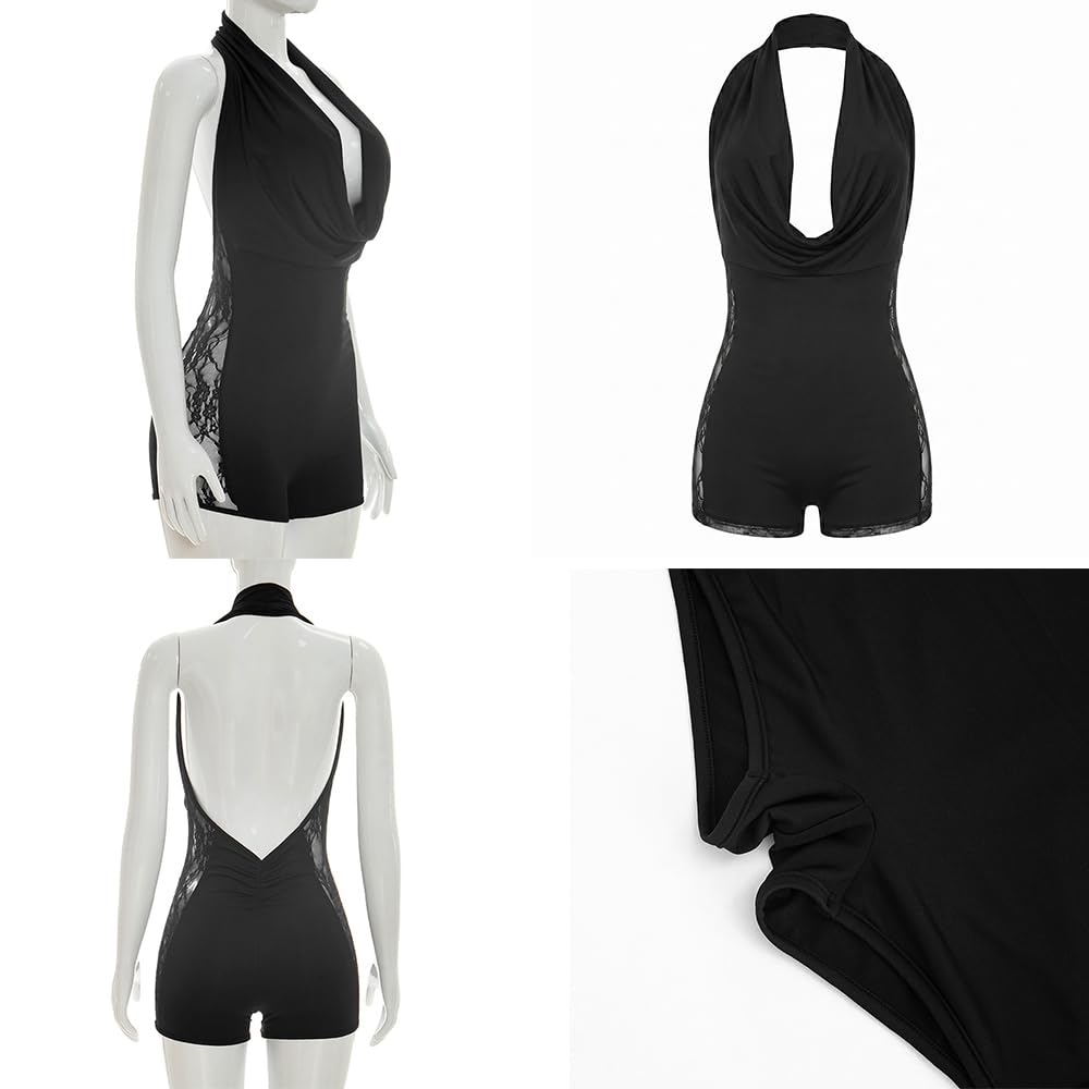 Women Mesh Halter Neck Bodysuit Romper Deep V Backless Lace Side Short Jumpsuit Sexy Outfits For Night Party