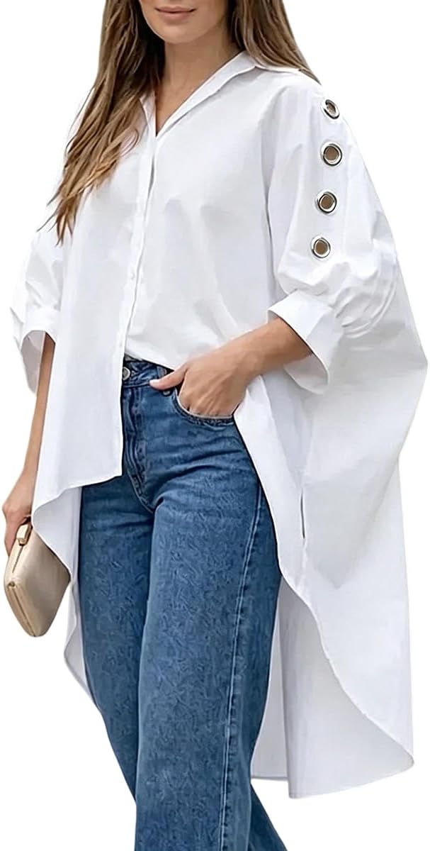 UOOZEE Womens Button Down Shirt Oversized 3/4 Puff Sleeve High Low Blouse