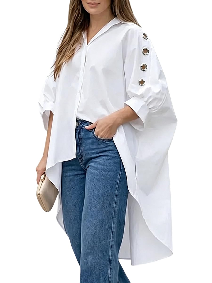 UOOZEE Womens Button Down Shirt Oversized 3/4 Puff Sleeve High Low Blouse