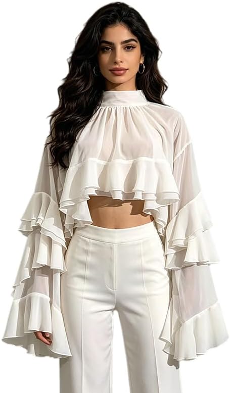 Women's White Sheer Chiffon Crop Top High Neck Layered Ruffle Flare Sleeve Blouse Elegant Casual Party Tops