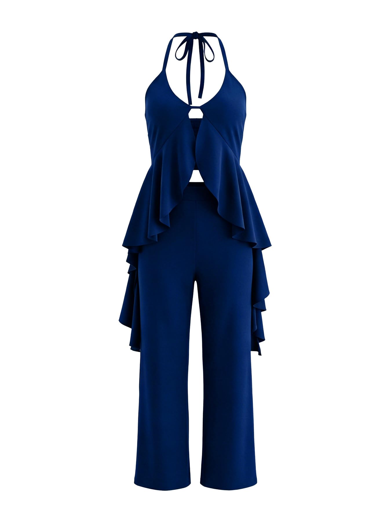 Women's Casual 2 Piece Set Sexy Sleeveless Backless Halter Neck Cutout Ruffled Tops Wide Legs Pants Outfits