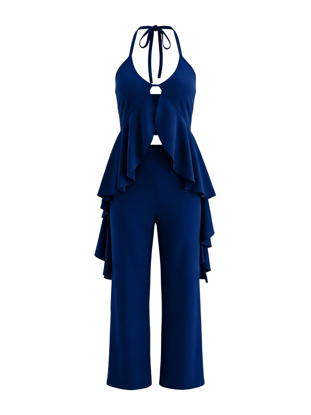 Women's Casual 2 Piece Set Sexy Sleeveless Backless Halter Neck Cutout Ruffled Tops Wide Legs Pants Outfits