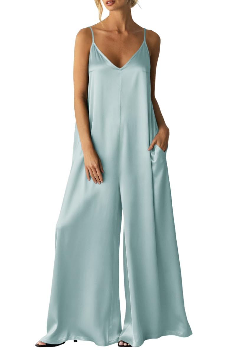 Womens Satin Wide Leg Jumpsuits Dressy Flowy Date Night Rompers Outfits | Silky Fabric,Casual Relaxed Fit,Formal,Wedding Guest,cocktail,Sexy V Neck,Spaghetti Strap,Summer,One Piece Outfit