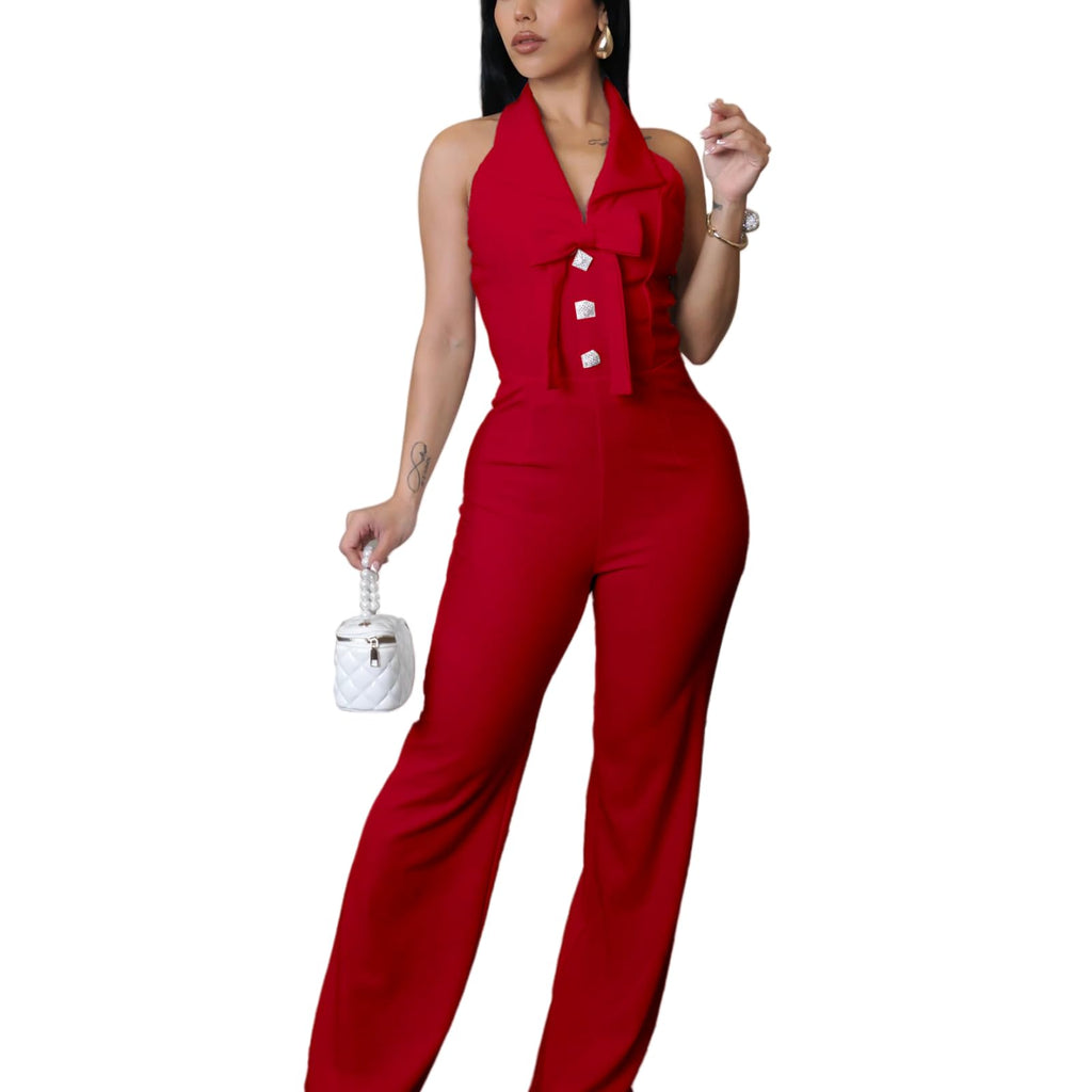 Women's fashionablesexyeleganthigh waistedwide leg pantsclub business party button jumpsuit