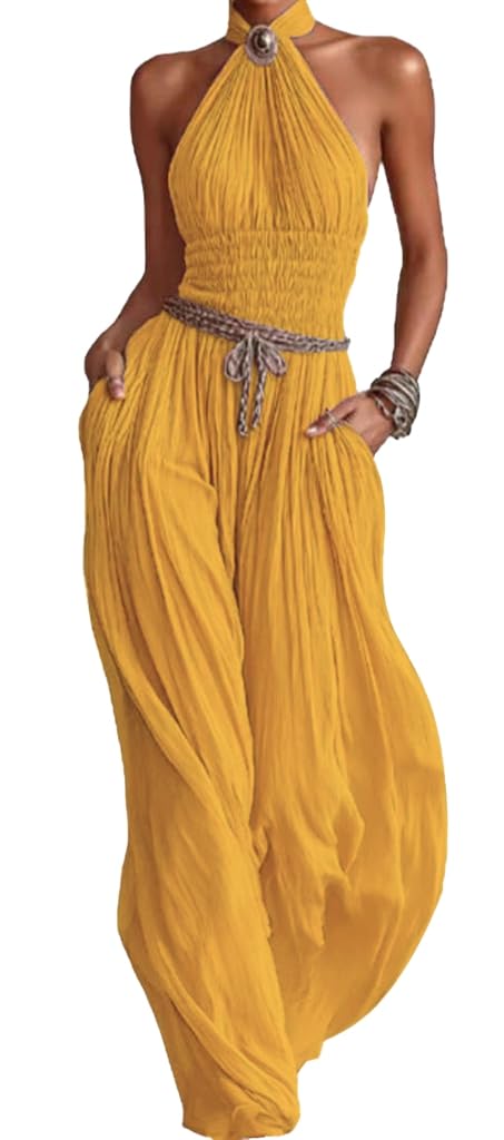 Wuitrie Women's Boho Halter Jumpsuit Pink Shirred Waist Wide Leg Pant Romper Vacation Party Outfits