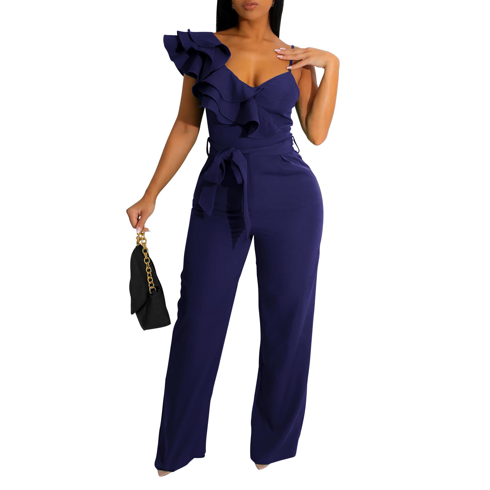 kaimimei Womens Casual Jumpsuits Ruffle One Shoulder Wide Leg Belted Romper | Designed with Pockets,Adjustable Strap,Sexy V-Neck Sleeveless,Backless,for Parties, Clubs,Wedding,Event,Outing