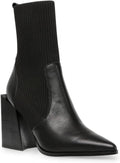Womens Chunky Stacked Heel Ankle Boots Pointed Toe Booties Slip On Ribbed Knit Sock Boot