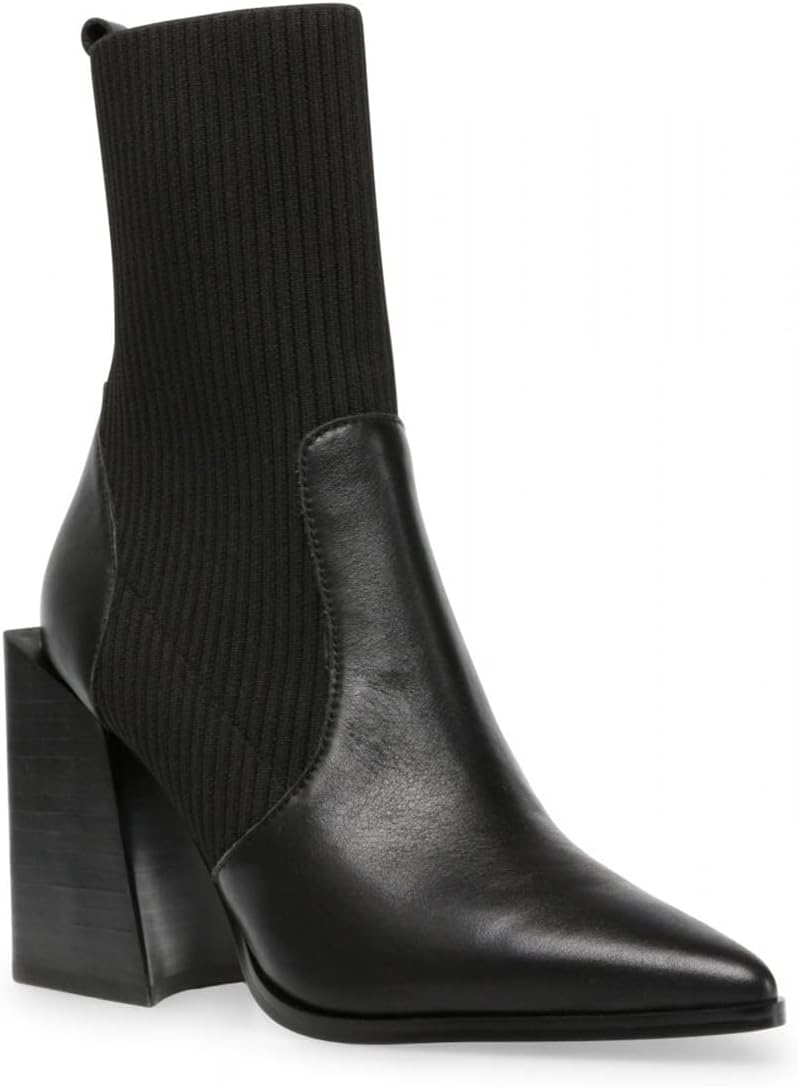 Womens Chunky Stacked Heel Ankle Boots Pointed Toe Booties Slip On Ribbed Knit Sock Boot