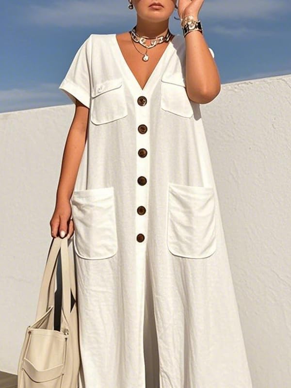 oshoplive Jumpsuits For Women Wide Leg Rompers V Neck Sleeveless One Piece Romper Casual Cotton Jumpers With Pockects