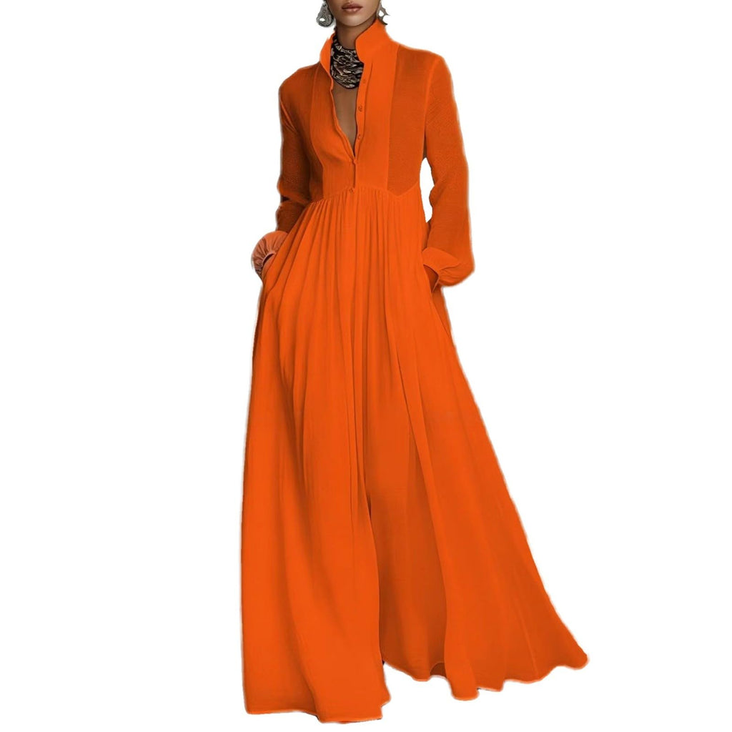 Women Maxi Dress Stand Collar Button Front Pocket Beach Vacation Casual | Flowy maxi dress stand collar, button front, functional pockets, long lantern sleeves, A-line skirt, beach vacation daily