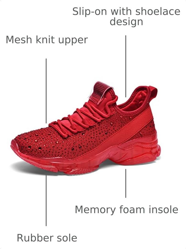 BELOS Women Rhinestone Mesh Slip On Walking Shoes | Fashion Breathable Spakle Glitter Sneaker
