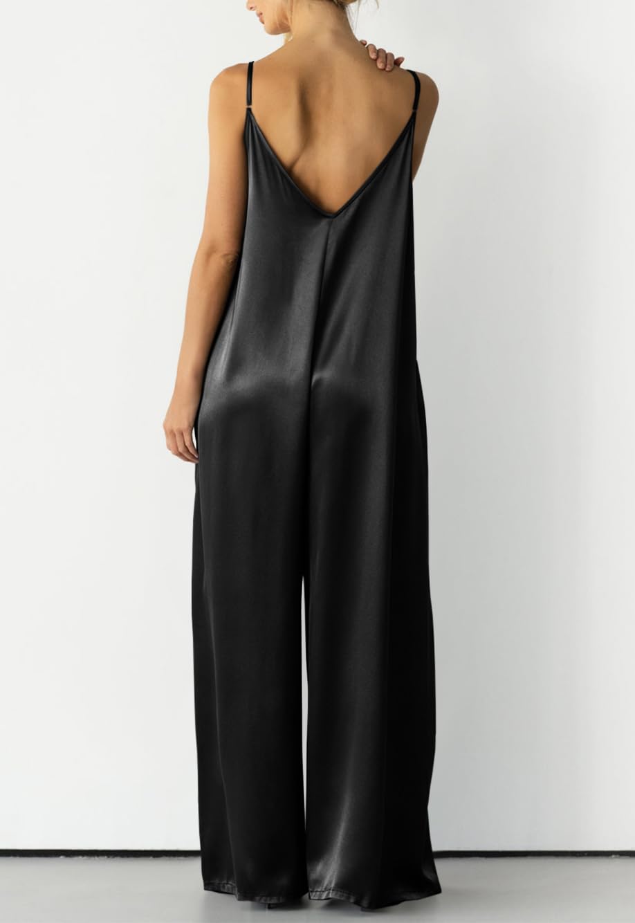 Womens Satin Wide Leg Jumpsuits Dressy Flowy Date Night Rompers Outfits | Silky Fabric,Casual Relaxed Fit,Formal,Wedding Guest,cocktail,Sexy V Neck,Spaghetti Strap,Summer,One Piece Outfit