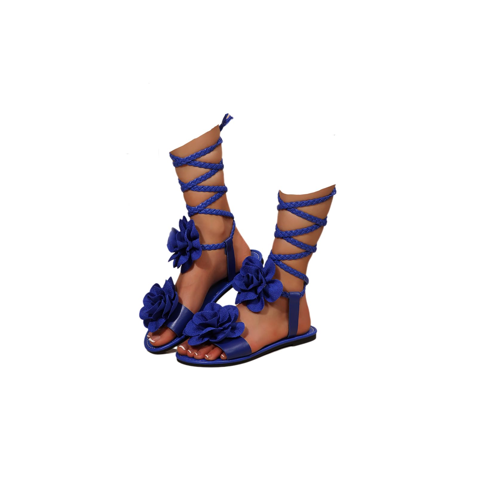 Women’s Strappy Flat Sandals, Lace Up Braided Open Toe Gladiator Sandals with Flower, Comfortable Summer Beach Vacation Shoes