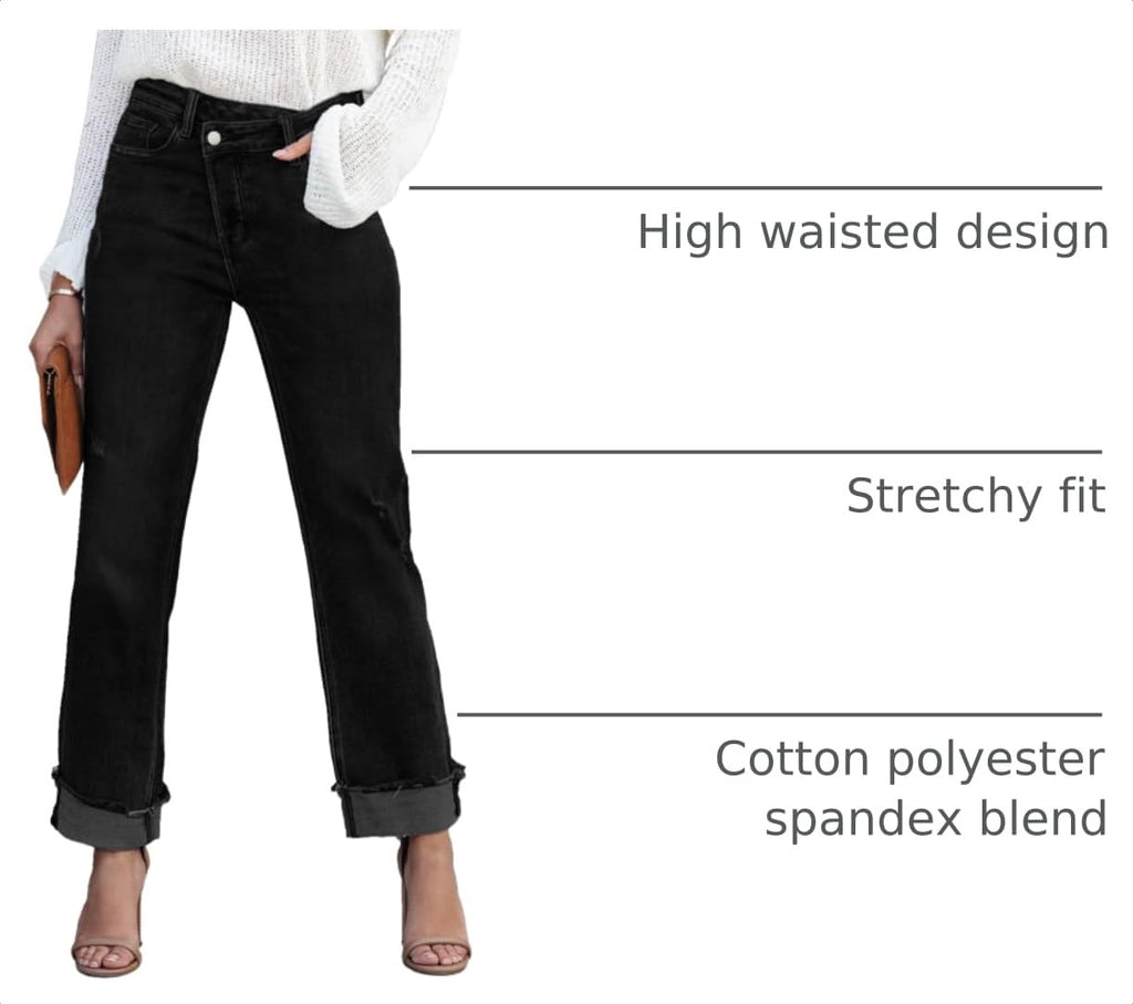 Metietila Jeans for Women Trendy High Waisted Corssover Boyfriend Jeans Distressed Stretchy Denim Pants