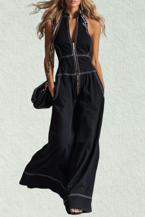 Womens Jumpsuit Zipper Front Halter Wide Leg Contrast Stitching Casual Elegant Romper