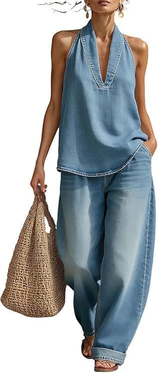 Women's Summer 2 Piece Denim Set 2026 Halter Neck Top and High Waisted Wide Leg Jeans Women Loose Casual Outfits Lounge Sets