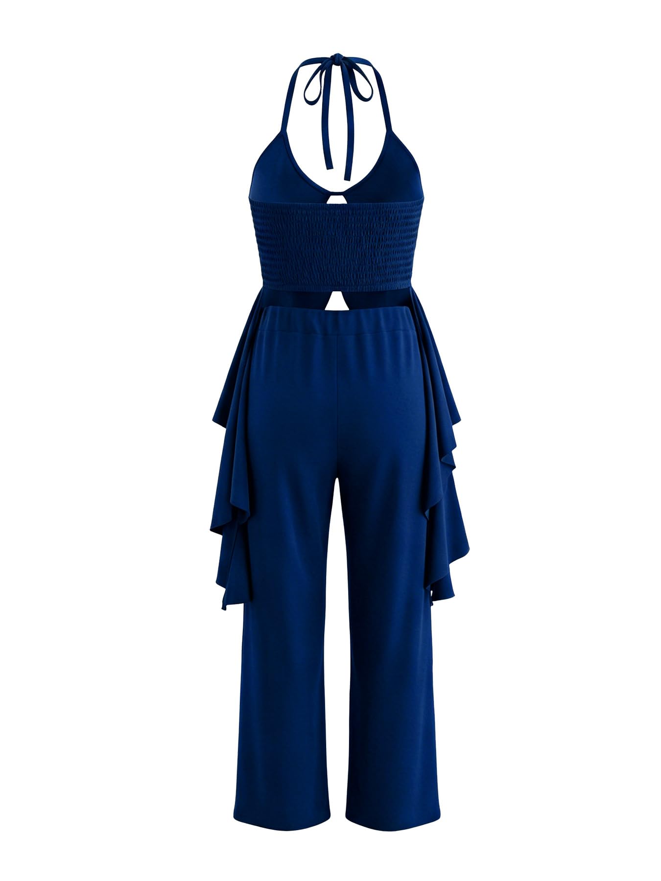 Women's Casual 2 Piece Set Sexy Sleeveless Backless Halter Neck Cutout Ruffled Tops Wide Legs Pants Outfits