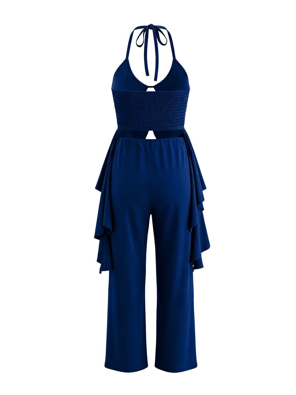 Women's Casual 2 Piece Set Sexy Sleeveless Backless Halter Neck Cutout Ruffled Tops Wide Legs Pants Outfits