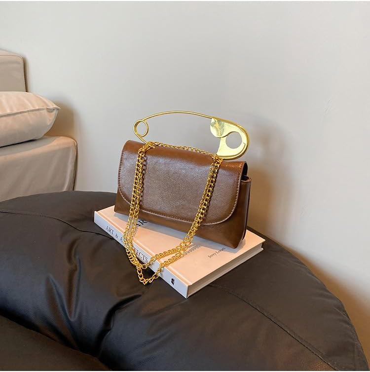 Women's Unique Safety Pin Crossbody Purse | Leather Clutch Bag Gold Handles Chain novelty clutch