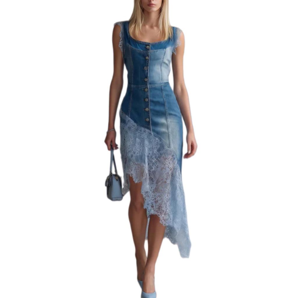 Women's Washed Faux Denim Patchwork Maxi Dress with Sheer Layered Skirt Hem Swing Ruffle Jean Dress for Casual Vacations
