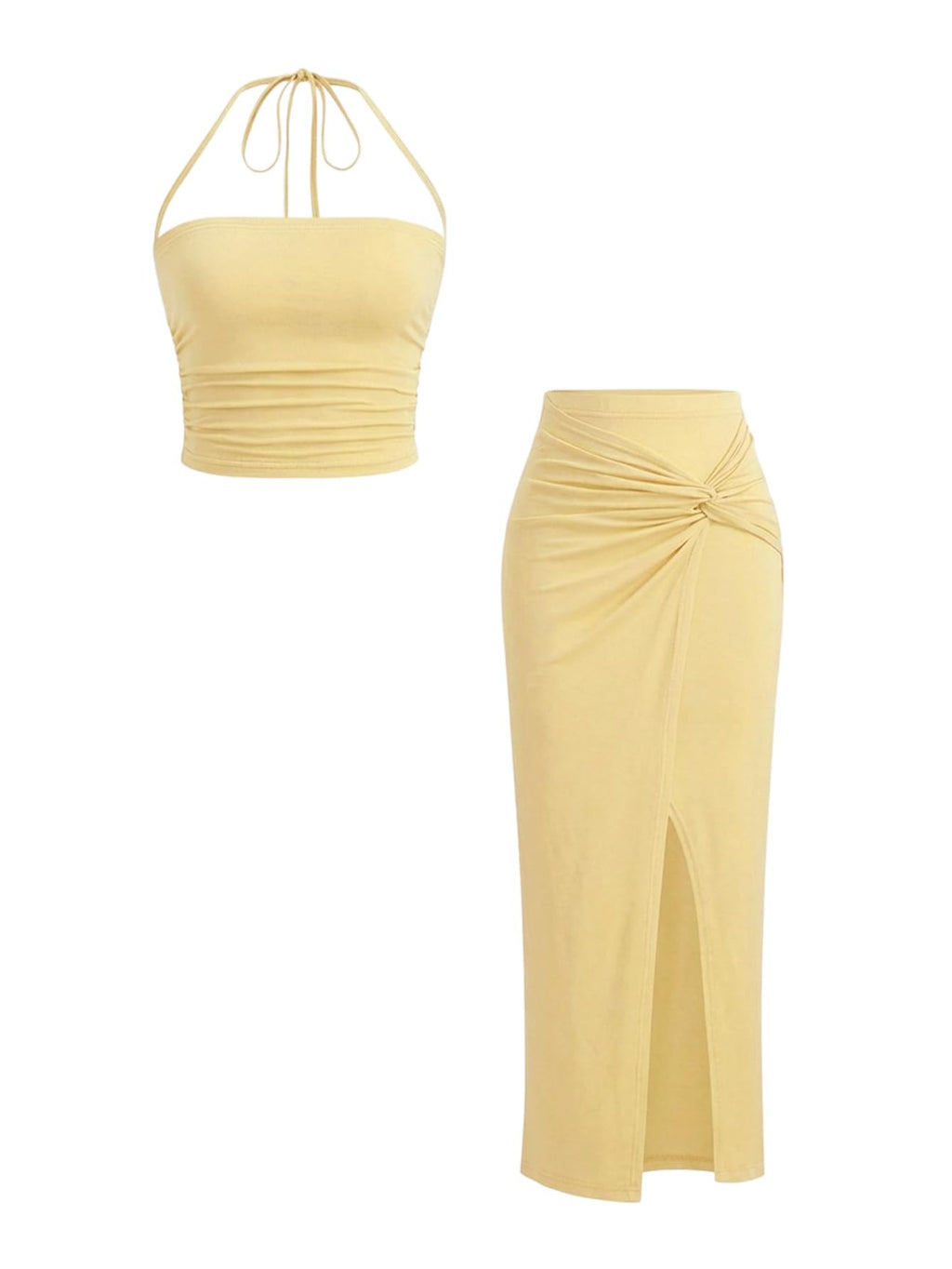 Verdusa Women's 2 Piece Set Summer Vacation Outfits Going Out Matching Set | Ruched Crop Halter Top, Asymmetrical Slit Long Skirt, Two Piece Skirt Set for Women, Summer Sets
