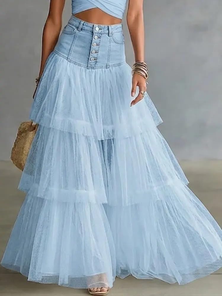 Maxi Skirt for Women Summer Denim Patchwork High Waist Tulle Tiered Flowy Party Club Long Skirts