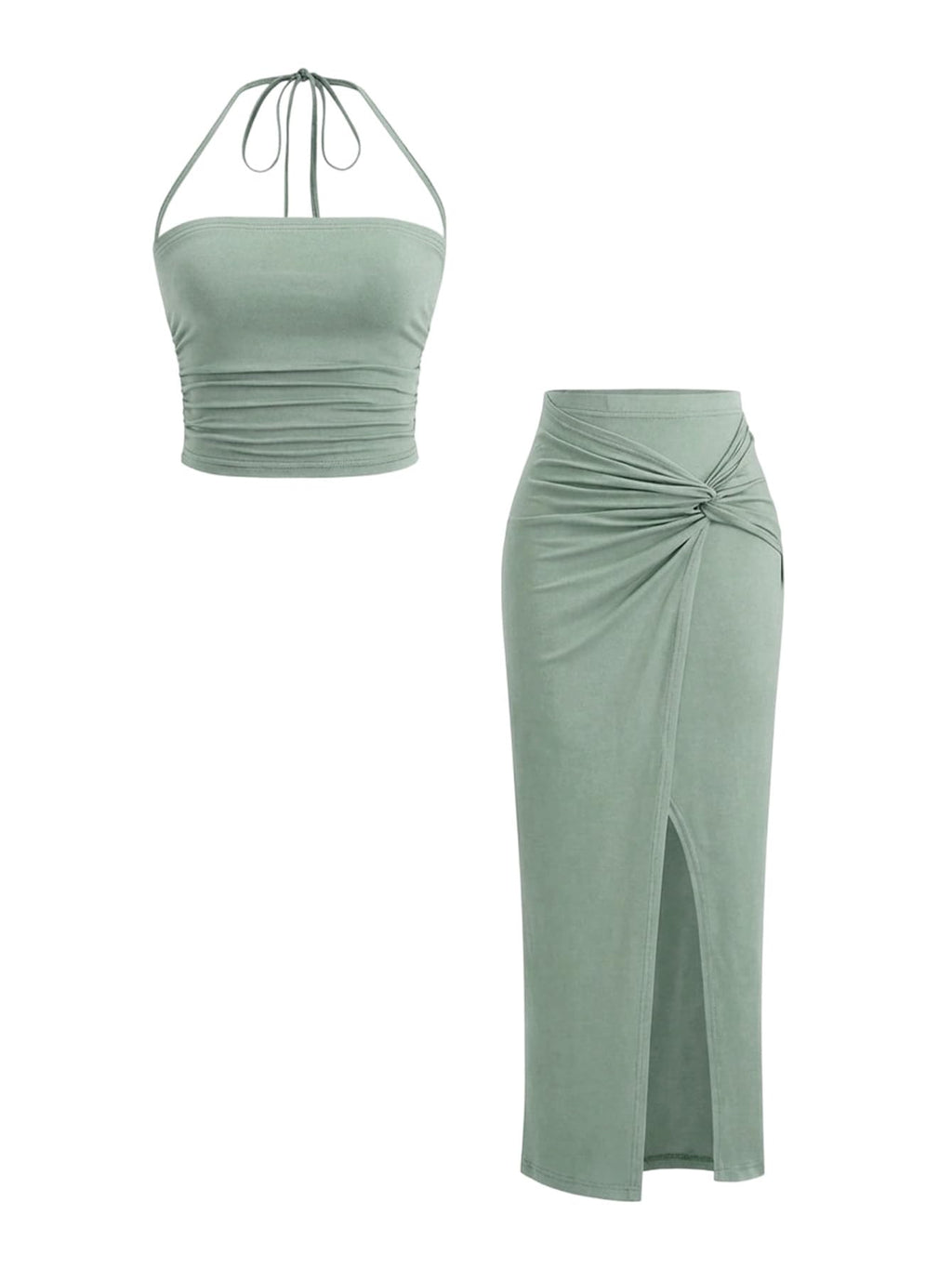 Verdusa Women's 2 Piece Set Summer Vacation Outfits Going Out Matching Set | Ruched Crop Halter Top, Asymmetrical Slit Long Skirt, Two Piece Skirt Set for Women, Summer Sets