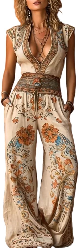 Casual Floral Print Bohemian Jumpsuit For Women Cap Sleeve Deep V Neck Wide Leg One Piece Set Vacation Holiday Wear