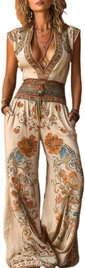 Casual Floral Print Bohemian Jumpsuit For Women Cap Sleeve Deep V Neck Wide Leg One Piece Set Vacation Holiday Wear