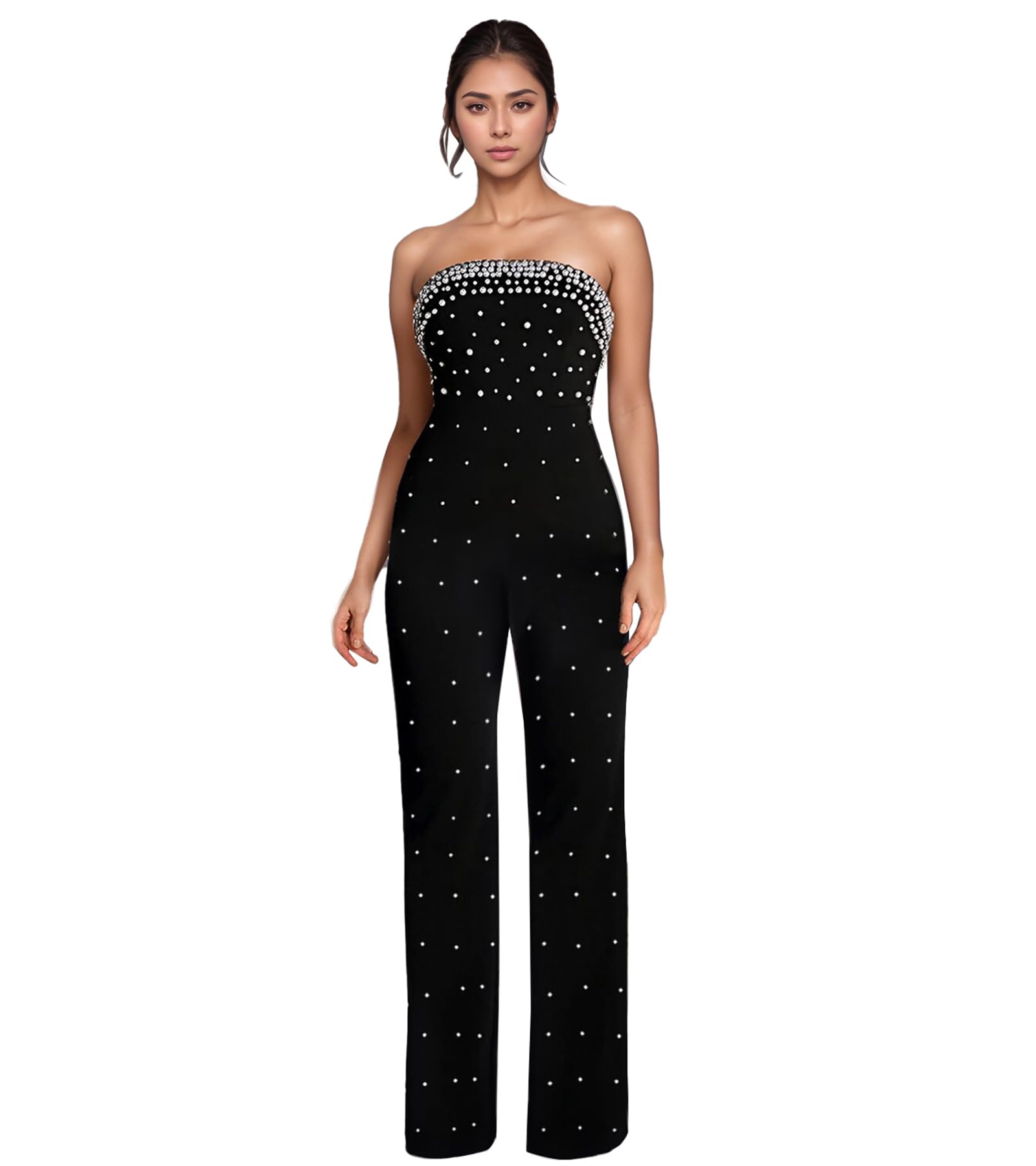 Nagfar Women Sexy Elegant Rhinestone Mesh See Through Bodycon Jumpsuits