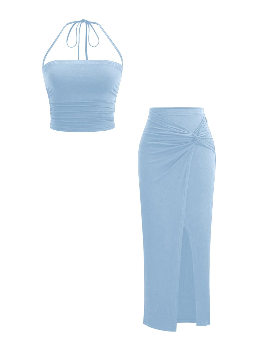 Verdusa Women's 2 Piece Set Summer Vacation Outfits Going Out Matching Set | Ruched Crop Halter Top, Asymmetrical Slit Long Skirt, Two Piece Skirt Set for Women, Summer Sets