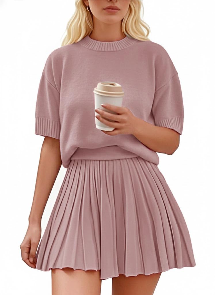 Womens 2 Piece Outfits 2026 Short Sleeve Crewneck Knit Tops And Pleated Mini Skirt Two Piece Sets