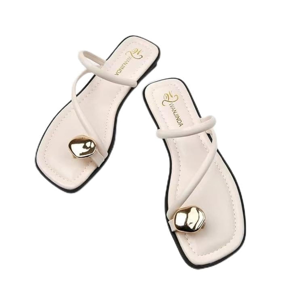Women's leather strappy flat metal toe ring sandals fashionable square open toe low block heel slip-on Clip Toe Slide Sandals Casual Summer Beach slipper