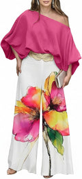 CHICME Women 2 Piece Summer Outfit Off Shoulder Flowy Wide Leg Pants Set | Off Shoulder, Lantern Sleeve Matching Set, 2 Piece Sets for Women Dressy, Vacation Travel Airport Outfits