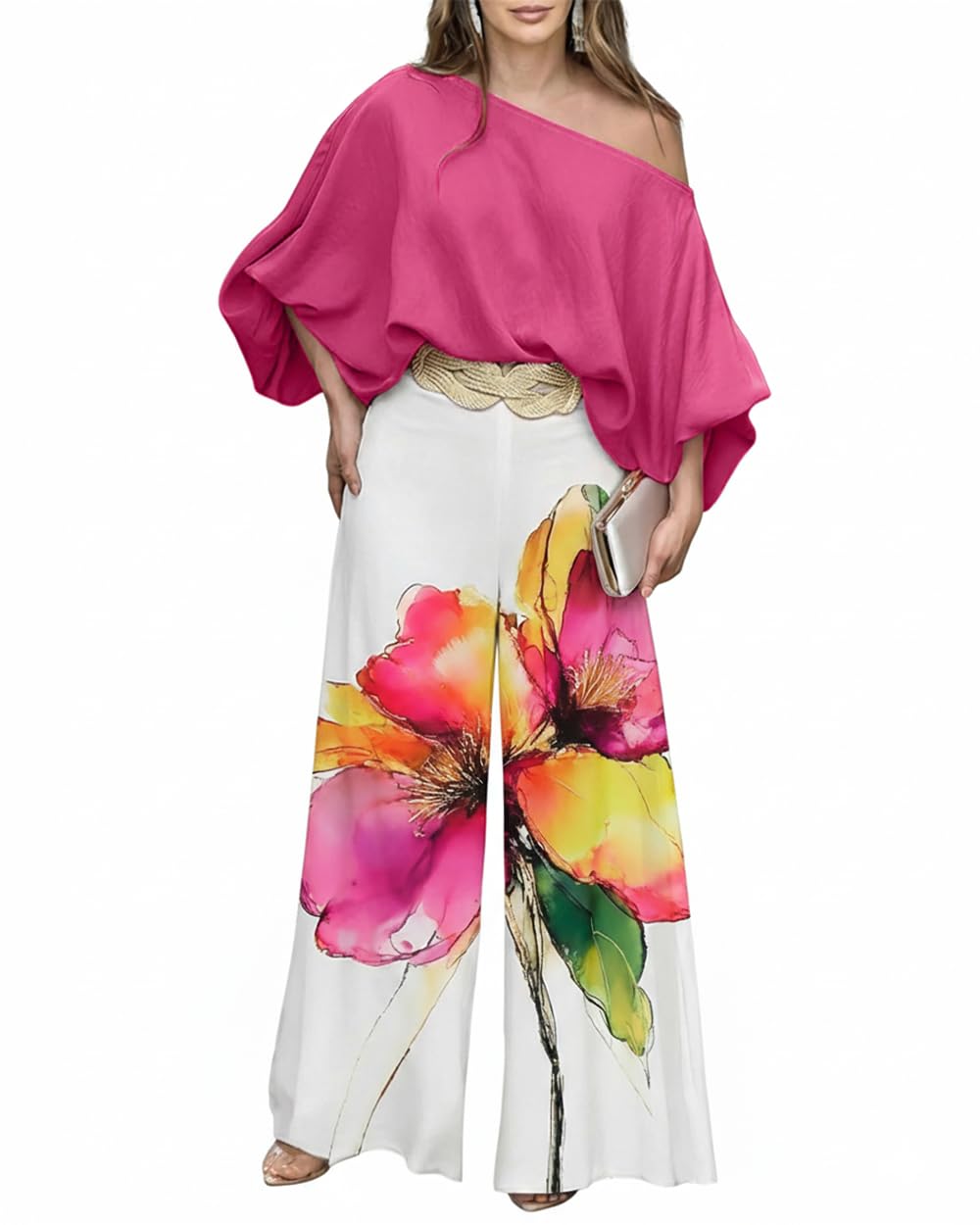 CHICME Women 2 Piece Summer Outfit Off Shoulder Flowy Wide Leg Pants Set | Off Shoulder, Lantern Sleeve Matching Set, 2 Piece Sets for Women Dressy, Vacation Travel Airport Outfits