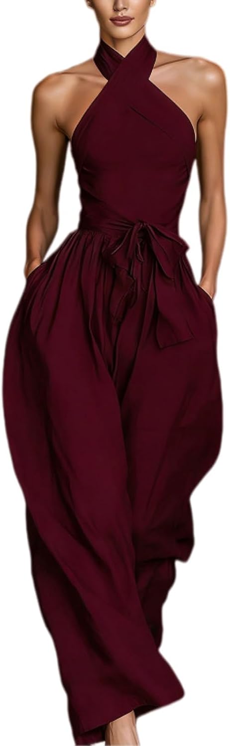 Backless Rompers for Women Casual Ink Printed Sleeveless High Waist Wide Leg Jumpsuit Sexy Halter Boho Vacation Party Outfits