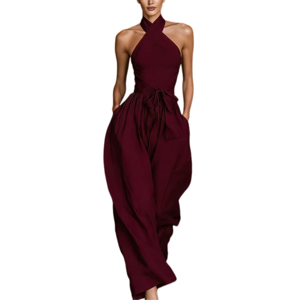 Backless Rompers for Women Casual Ink Printed Sleeveless High Waist Wide Leg Jumpsuit Sexy Halter Boho Vacation Party Outfits