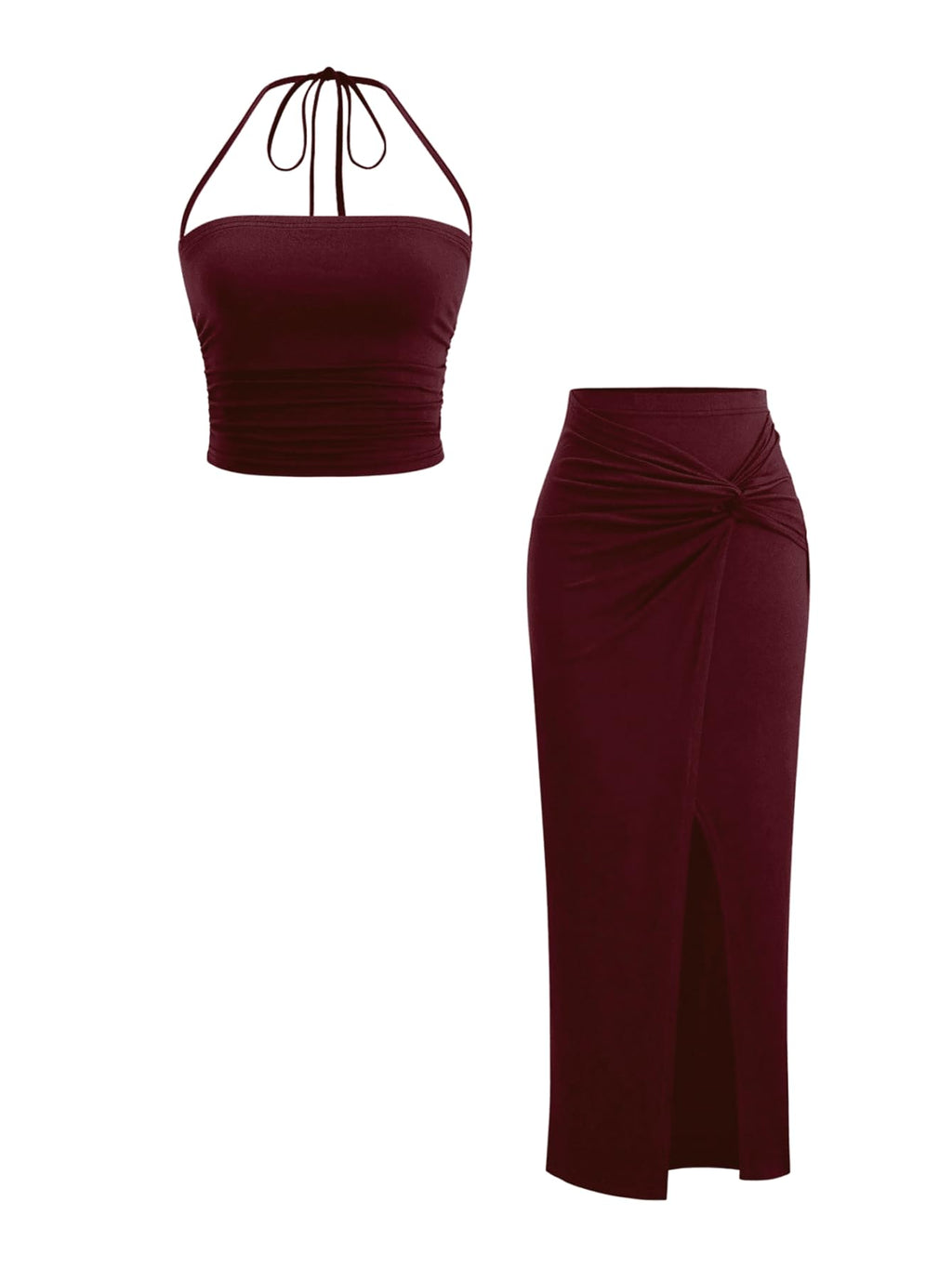 Verdusa Women's 2 Piece Set Summer Vacation Outfits Going Out Matching Set | Ruched Crop Halter Top, Asymmetrical Slit Long Skirt, Two Piece Skirt Set for Women, Summer Sets