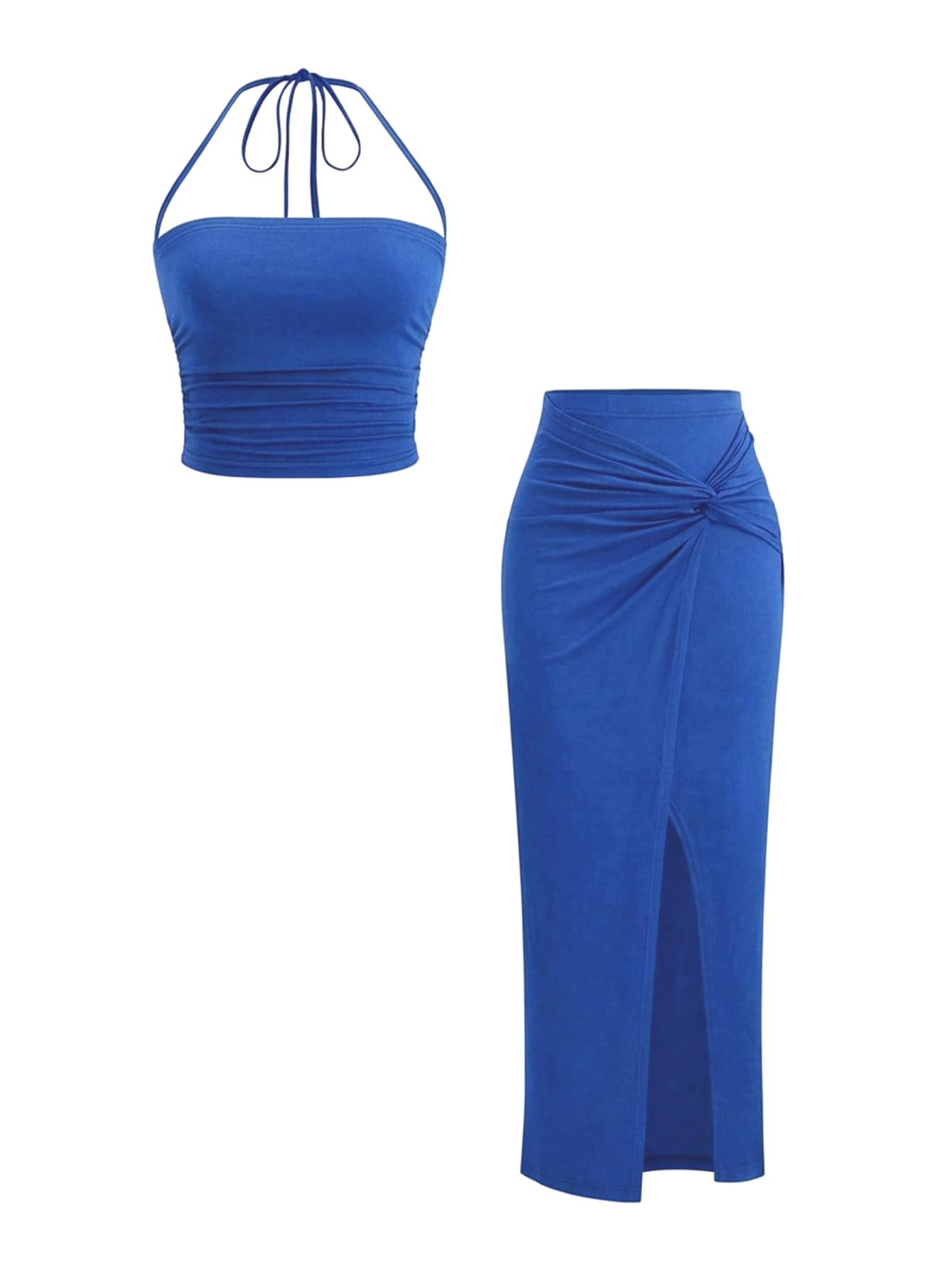 Verdusa Women's 2 Piece Set Summer Vacation Outfits Going Out Matching Set | Ruched Crop Halter Top, Asymmetrical Slit Long Skirt, Two Piece Skirt Set for Women, Summer Sets