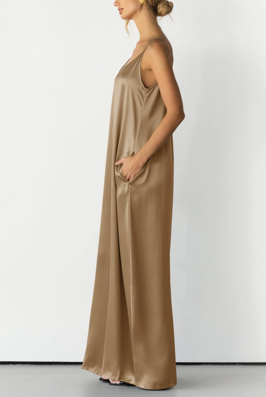Womens Satin Wide Leg Jumpsuits Dressy Flowy Date Night Rompers Outfits | Silky Fabric,Casual Relaxed Fit,Formal,Wedding Guest,cocktail,Sexy V Neck,Spaghetti Strap,Summer,One Piece Outfit