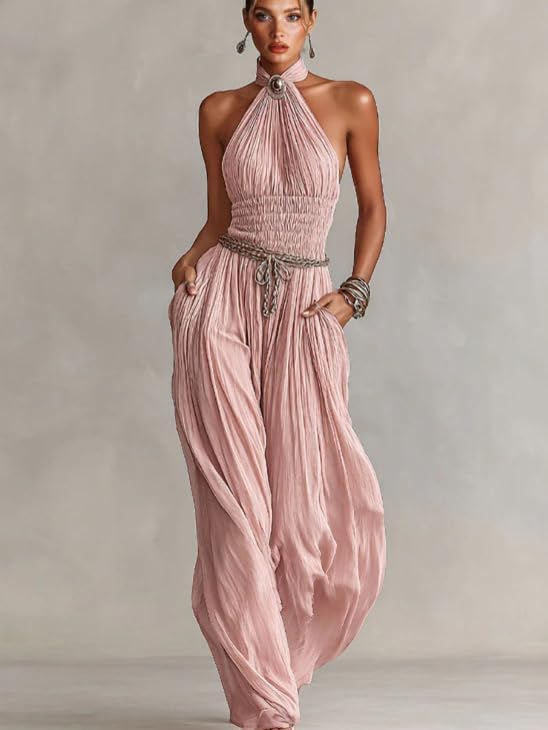 Wuitrie Women's Boho Halter Jumpsuit Pink Shirred Waist Wide Leg Pant Romper Vacation Party Outfits