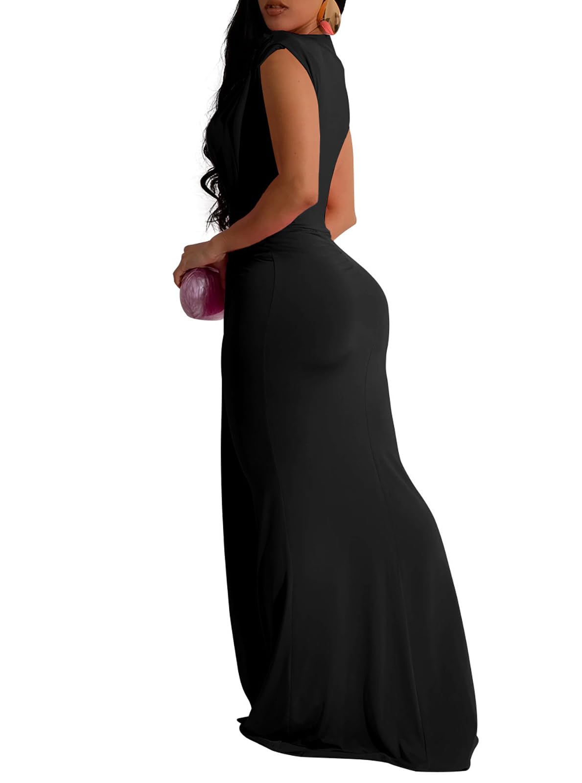 Yuopeid Women's Sexy Sleeveless Deep V Neck Fashion Ruched Bodycon Floor Length Formal Evening Party Maxi Long Dress