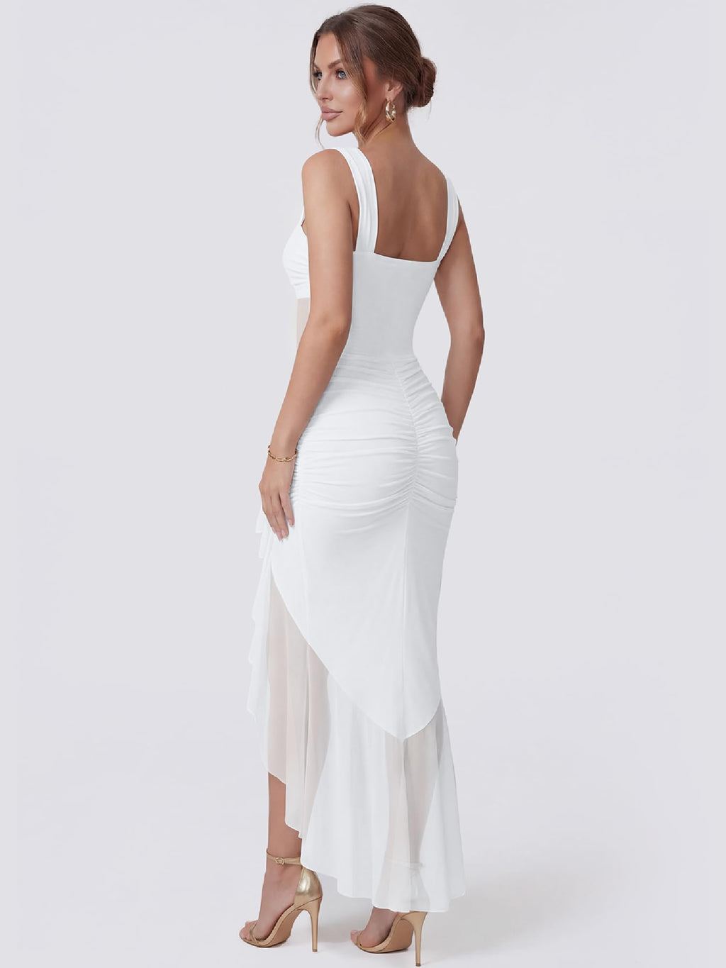 DAAWENXI Women's Sexy Mesh Sheer Ruched Ruffle Club Party Midi Dress | Square Neck,Date Night,Bodycon,See Through,Going Out,Sleeveless,Slim,Cocktail,Tank Dress,Women's Club Night Out Dress