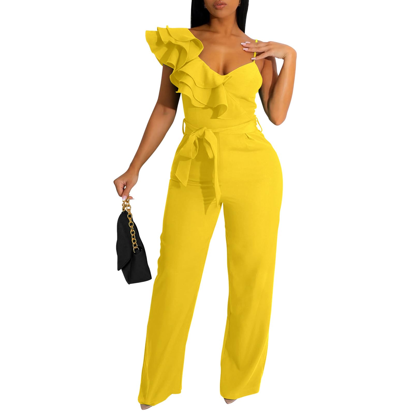 kaimimei Womens Casual Jumpsuits Ruffle One Shoulder Wide Leg Belted Romper | Designed with Pockets,Adjustable Strap,Sexy V-Neck Sleeveless,Backless,for Parties, Clubs,Wedding,Event,Outing