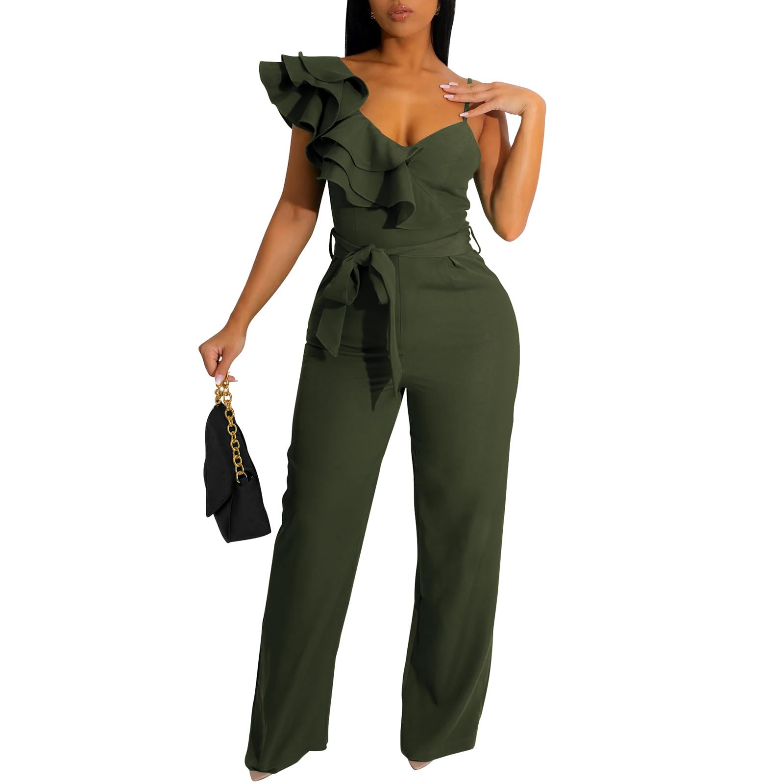 kaimimei Womens Casual Jumpsuits Ruffle One Shoulder Wide Leg Belted Romper | Designed with Pockets,Adjustable Strap,Sexy V-Neck Sleeveless,Backless,for Parties, Clubs,Wedding,Event,Outing